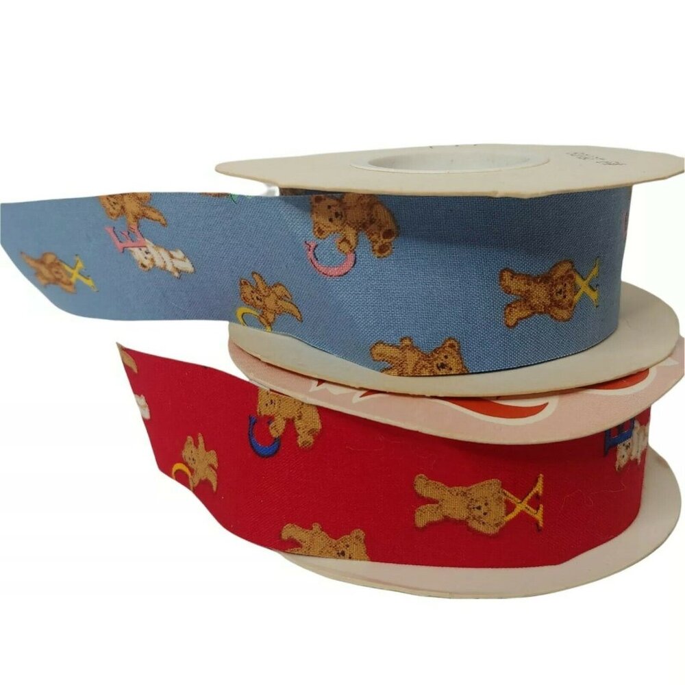 Vintage Fabric Ribbon Spools Teddy Bear Alphabet 1.25" Red Blue Kid Baby WFR